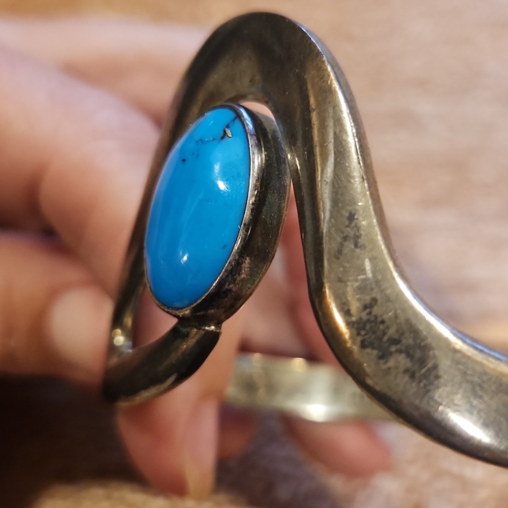 Vintage Mexican Sterling Silver 925 & Turquoise Bracelet Hinged Statement Trendy - Picture 16 of 16